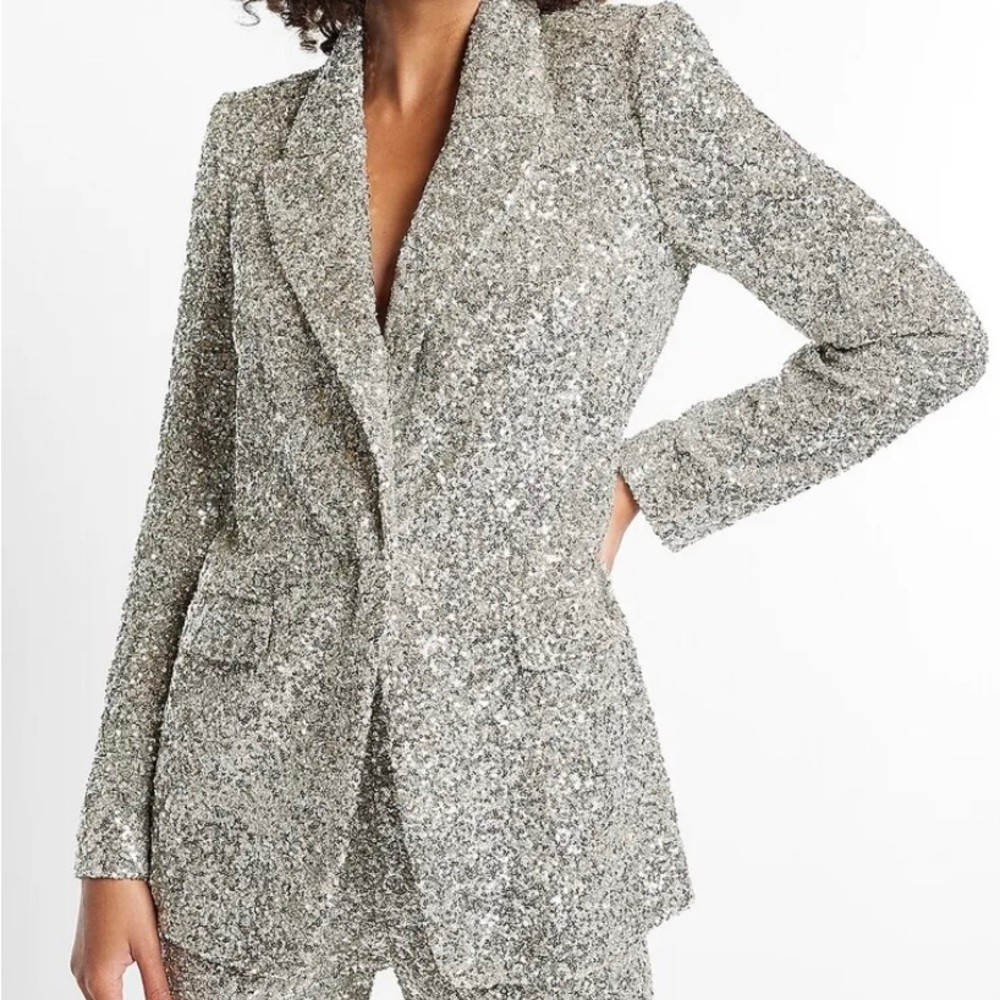 NEW EXPRESS $198 SILVER SEQUIN PEAK LAPEL BOYFRIEND BLAZER SIZE SMALL SM